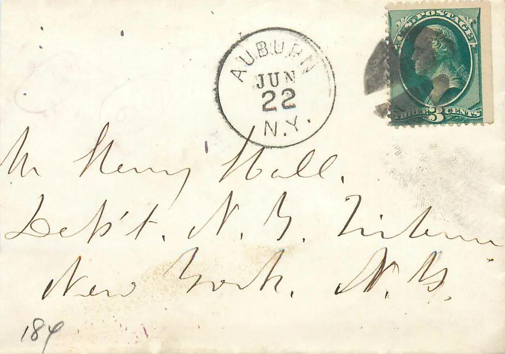 Auburn, Nova York — Carta para Henry Hall — selo de 3 centavos de Washington - Frente