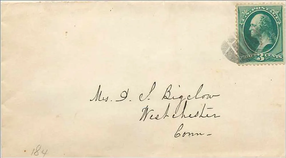 Carta postal americana — selo de 3 centavos de George Washington — destinada a Sra. D. S. Bigelow, Westchester, Conn. - Frente