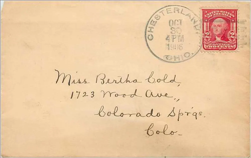 Ansichtskarte gesendet von Chesterland, Ohio — 2-Cent-Stempel George Washington — an Colorado Springs adressiert - Vorderseite