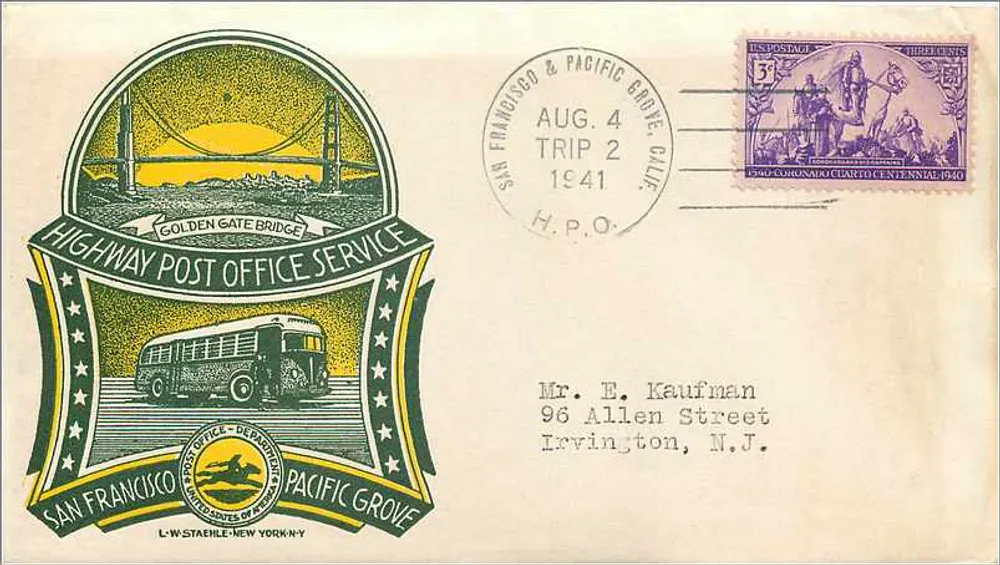Golden Gate Bridge — Highway Post Office Service — L.W. Staehle, New York, N.Y. - Vorderseite