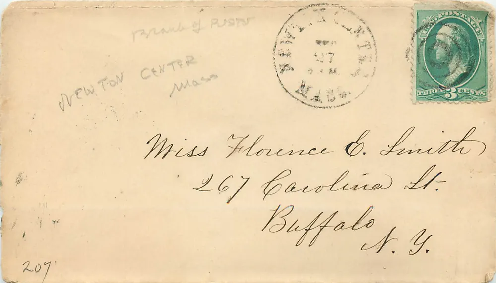 Newton Center, Massachusetts — carte postale à destination de Buffalo, New York — timbre 3 cents vert - Recto