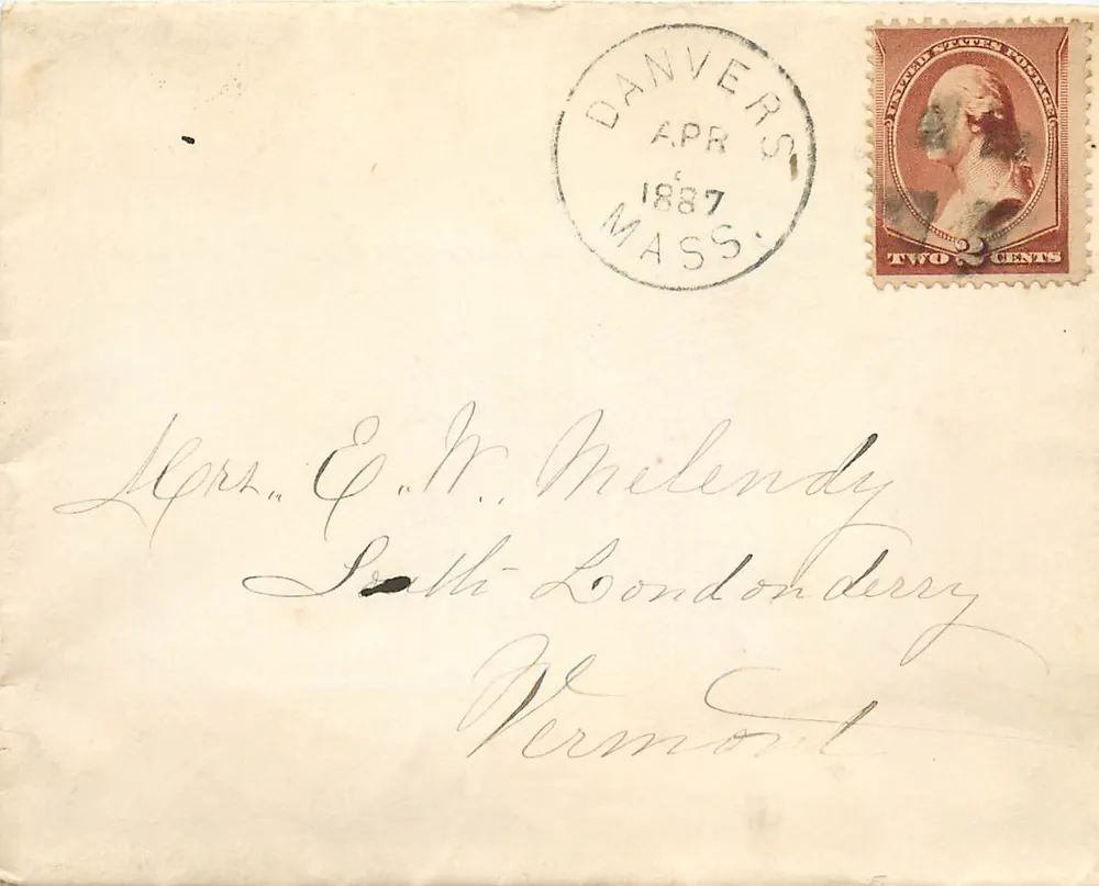 Danvers — Massachusetts — 1887 — zegel van 2 cent Washington — bestemd voor South Londonderry, Vermont - Voorkant