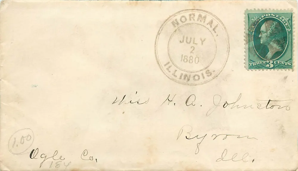 Normal, Illinois — Carta para a Srta. H. A. Johnston — 3 centavos 1880 - Frente