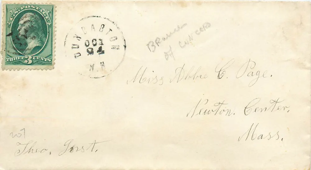 Dundarton, New Hampshire — envelope com selo de 3 centavos e carimbo postal — enviada em torno de 1894 - Frente
