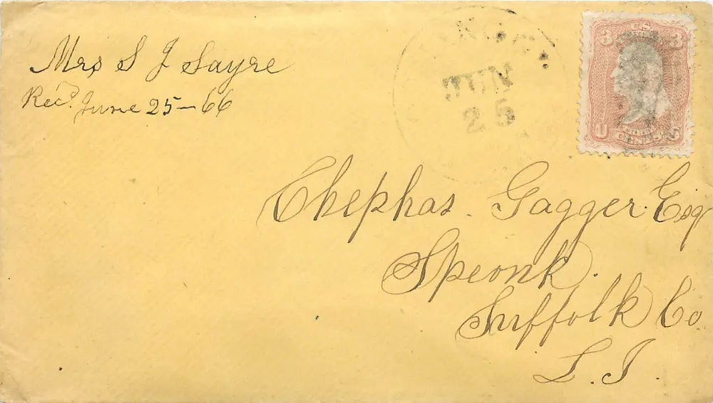 Carta postal destinada a Mrs S J Sayre a Chephas Gagger Esq, Speonk, Suffolk Co, L.I. — selo de 3 centavos U.S. — carimbo 'Rochester NY 25' — datada em torno de 1866 - Frente