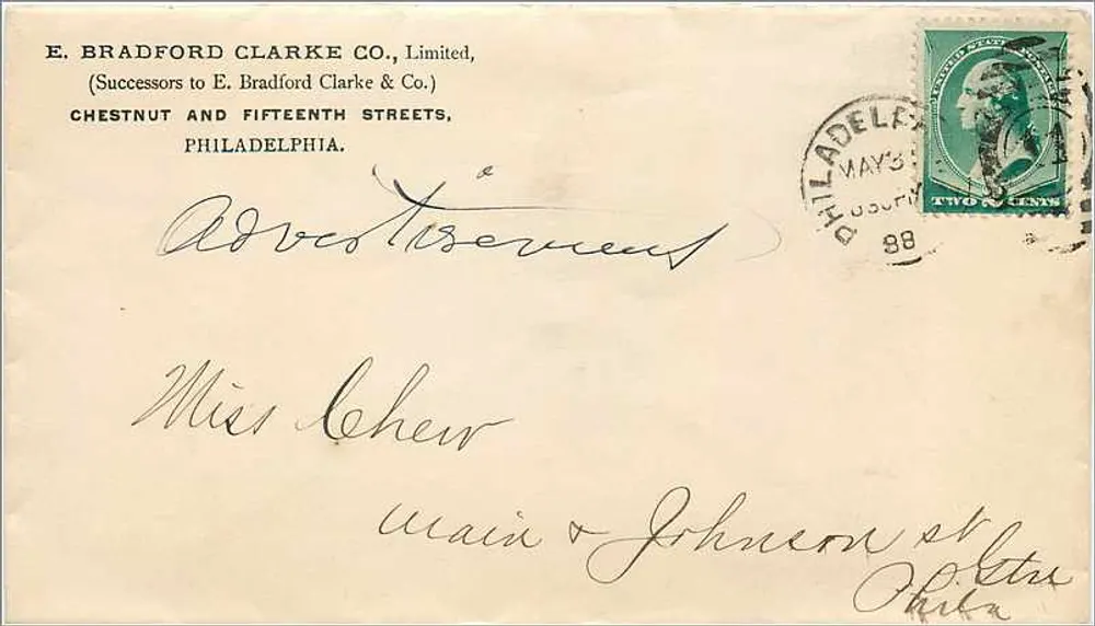 Werbeflyer für E. Bradford Clarke Co. — Philadelphia — 2 Cent grüner Poststempel - Vorderseite