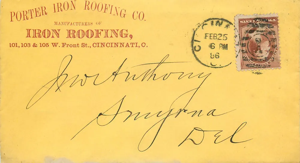 Porter Iron Roofing Co. — Cincinnati, O. — gelbe Ansichtskarte mit Briefmarken und Poststempel - Vorderseite