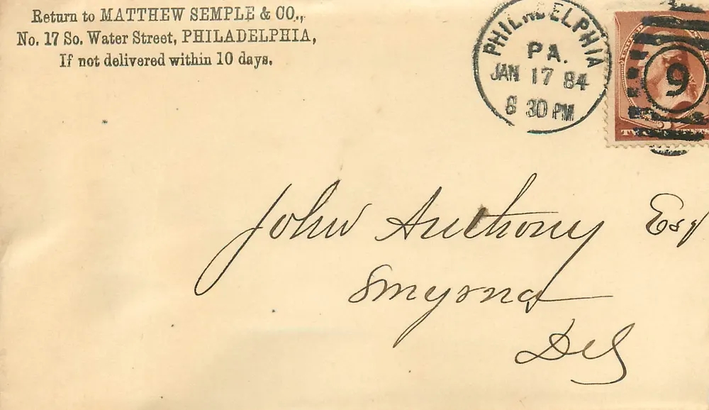 Philadelphia — zurückgesandter Brief an Matthew Semple & Co. — 9-Cent-Stempel - Vorderseite