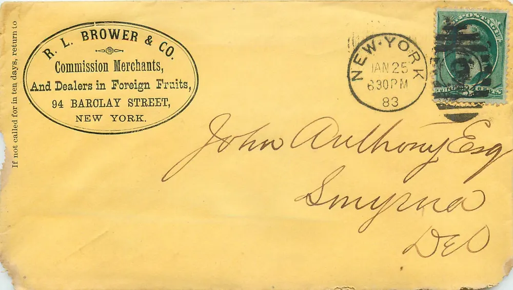 New York — Handelsumschlag nach Smyrna — R. L. Brower & Co. - Vorderseite