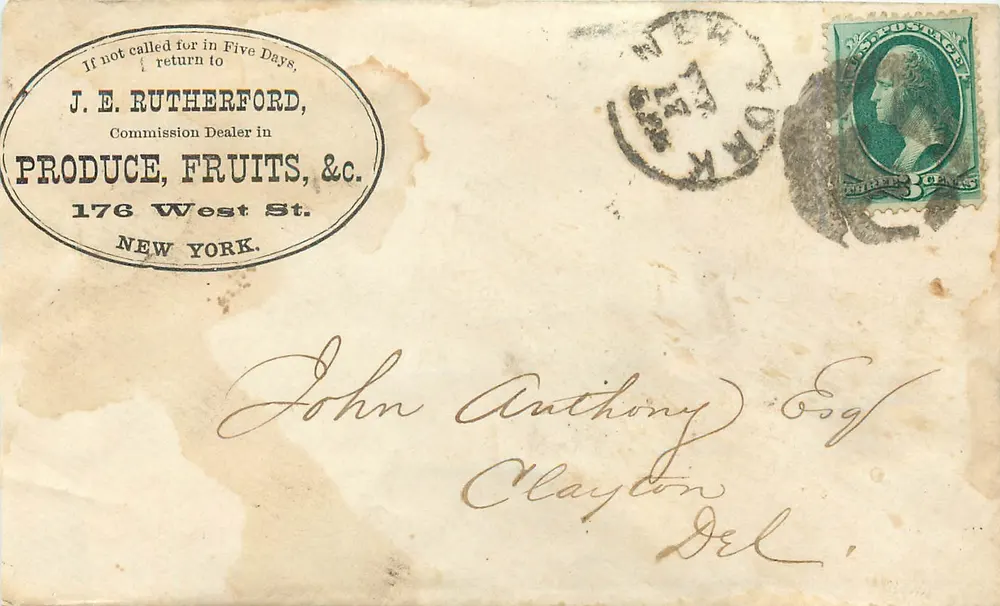 New York — Handelsumschlag mit 2-Cent-Stempel — J. E. Rutherford, Kommissionshändler - Vorderseite