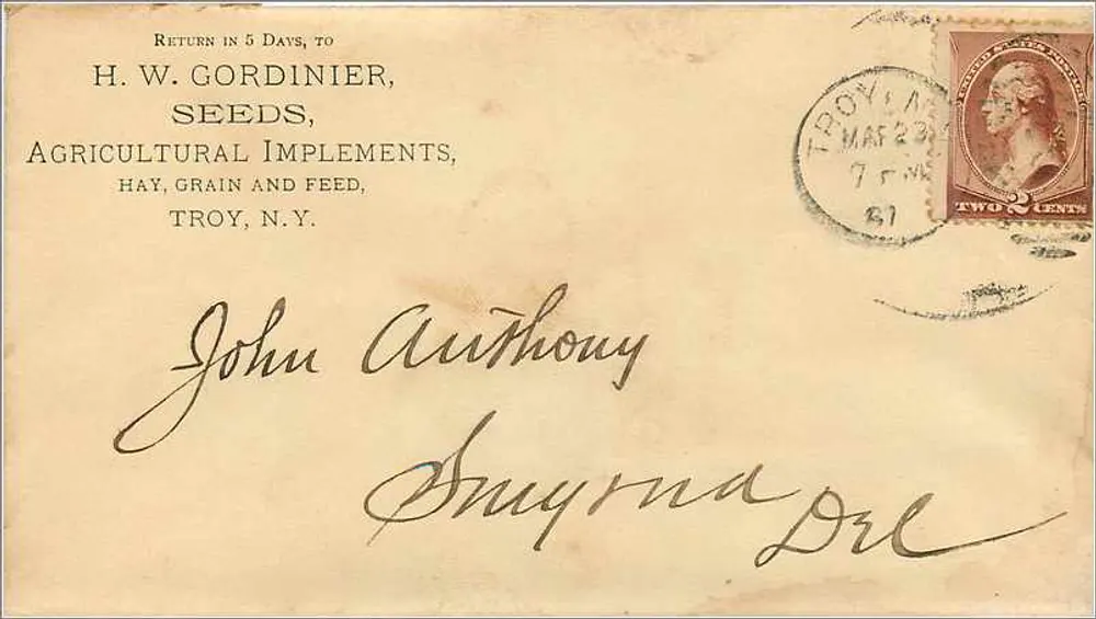 Troy, N.Y. — Envelope de retorno para H.W. Gordnier — selo de 2 centavos - Frente