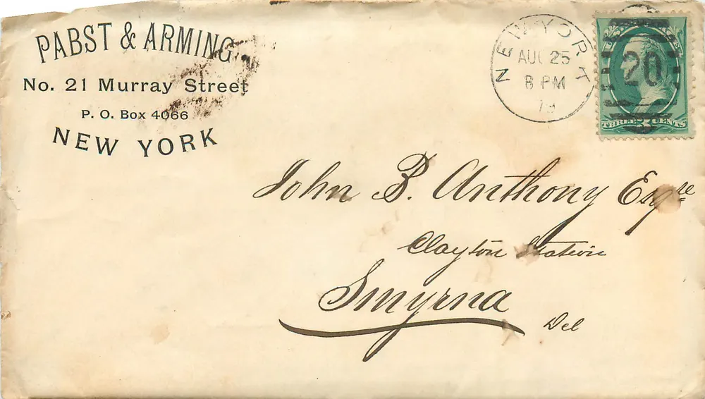 New York — Handelsumschlag Pabst & Arming — 3-Cent-Stempel - Vorderseite