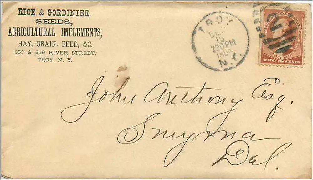 Troy, N.Y. — Handelsumschlag nach Smyrna, Delaware — Rice & Gordinier, Seeds, Agricultural Implements - Vorderseite