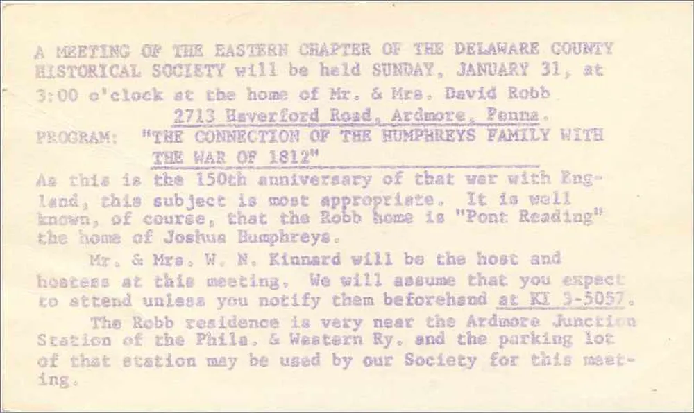 Tagung des Eastern Chapter der Delaware County Historical Society — Ardmore, Pennsylvania — 1965 - Rückseite
