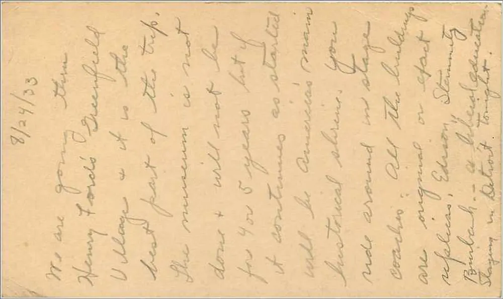 Greenfield, Michigan — Vue du village Henry Ford — éditeur inconnu, n° 187 - Verso