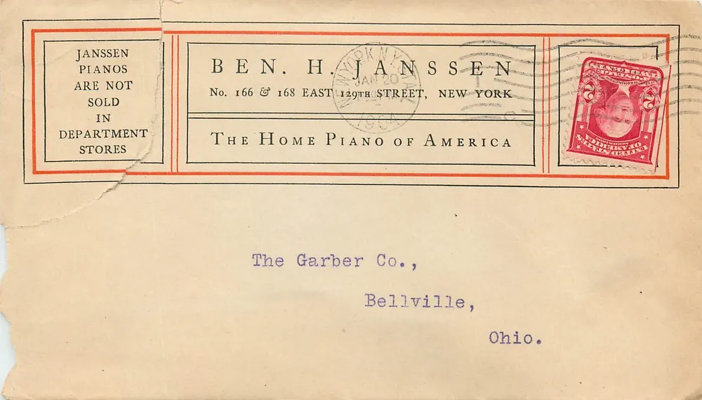 Frau am Klavier — Janssen Pianos — Ben. H. Janssen, New York - Vorderseite
