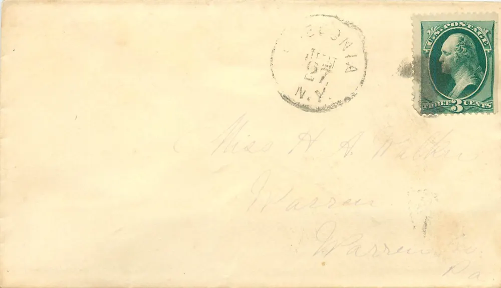 Carta postal endereçada a Miss H.A. Walker em Warren, Pa — selo de 3 centavos e carimbo de Nova York - Frente