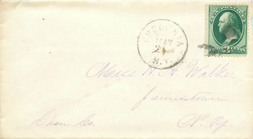 Freudonia, Nueva York — tarjeta postal con sello de 3 centavos — destinada a la Sra. N.A. Walker en Jamestown, N.Y. - Anverso