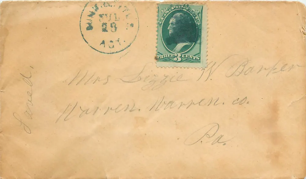 Carta postal não ilustrada — Minnesota — selo de 3 centavos Lincoln — destinada a Mrs. Sizzie W. Barker, Warren, Warren Co., Pa. - Frente