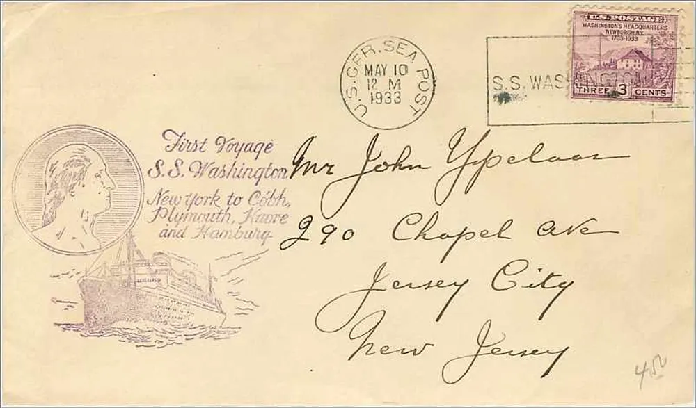 S.S. Washington — Erster Fahrt New York nach Cobh, Plymouth, Havre und Hamburg — U.S. C.F.R. Sea Post - Vorderseite