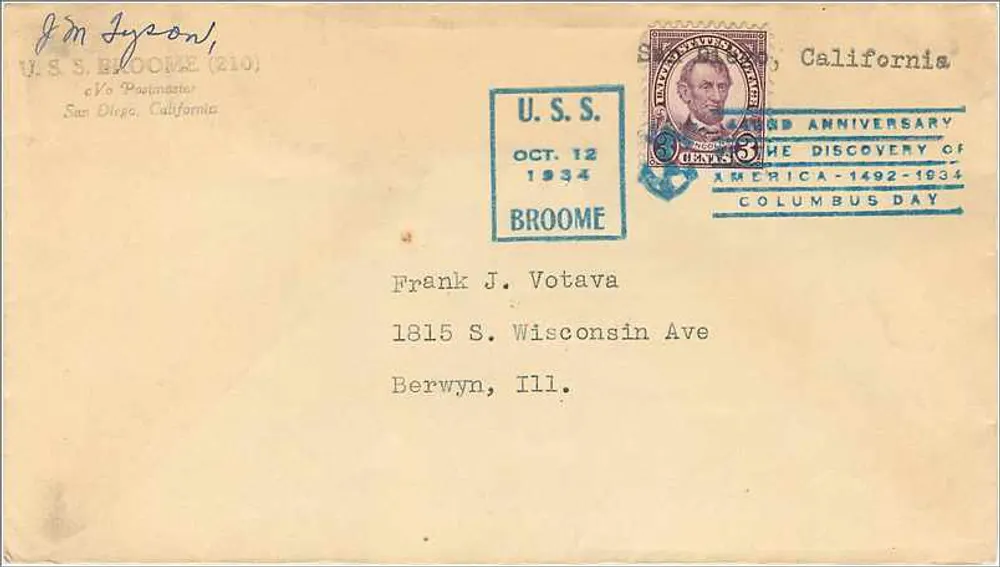 U.S.S. BROOME — 400. Jubiläum der Entdeckung Amerikas — 1934 — Verlag nicht sichtbar - Vorderseite