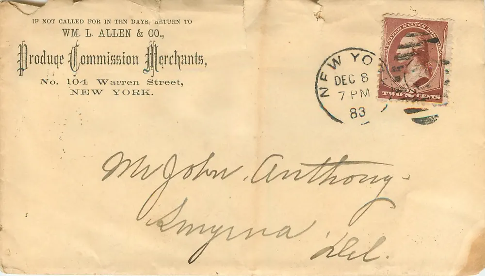 New York — Handelsbriefumschlag an Smyrna (Delaware) — WM. L. ALLEN & CO., New York - Vorderseite