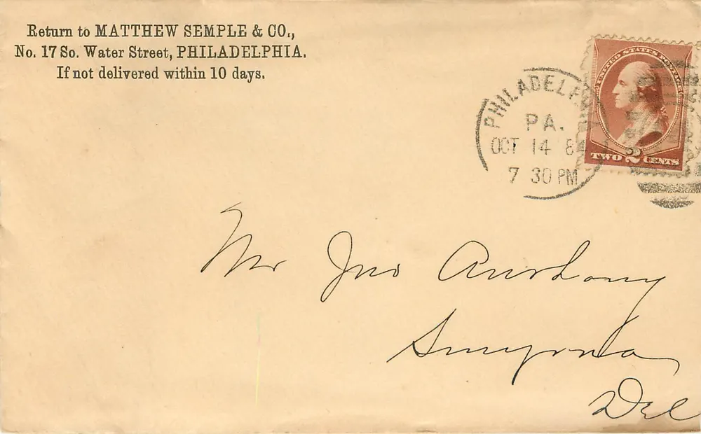 Carte postale à destination de Smyrna, Delaware — retour à Philadelphia — timbre 2 cents - Recto