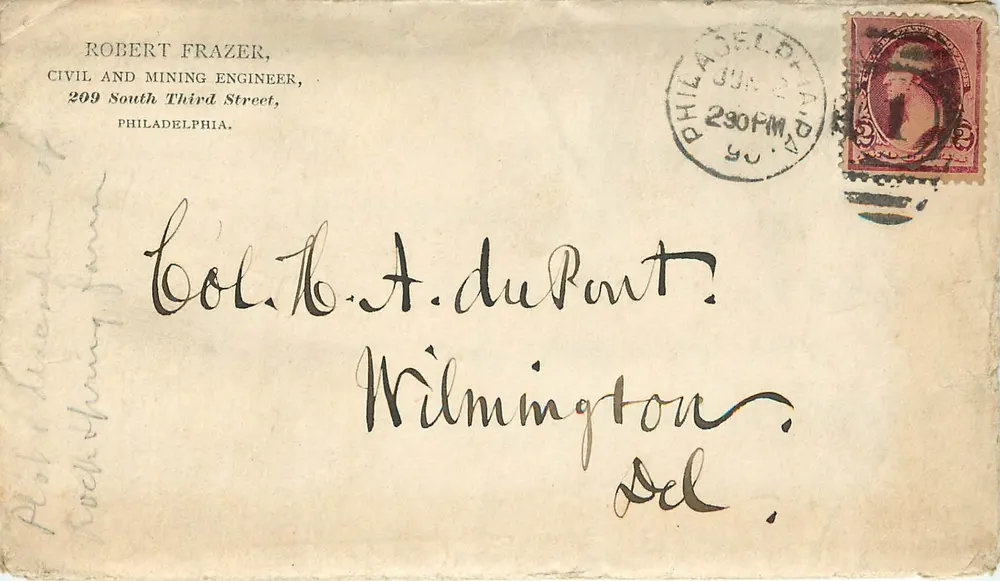 Philadelphia — Brief an Col. B.A. du Pont in Wilmington, Delaware — Robert Frazer, Bauingenieur und Bergmann - Vorderseite
