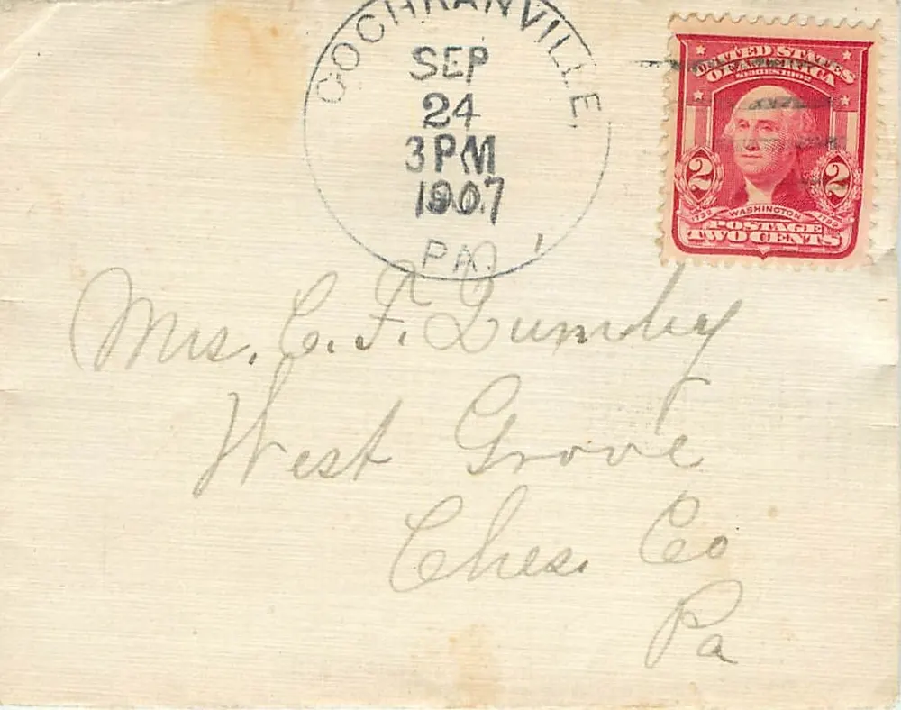 Ansichtskarte von Cochranville — 2 Cent Washington-Stempel — an Mrs. C.F. Lumby, Crest Grove, Chester Co, PA adressiert - Vorderseite
