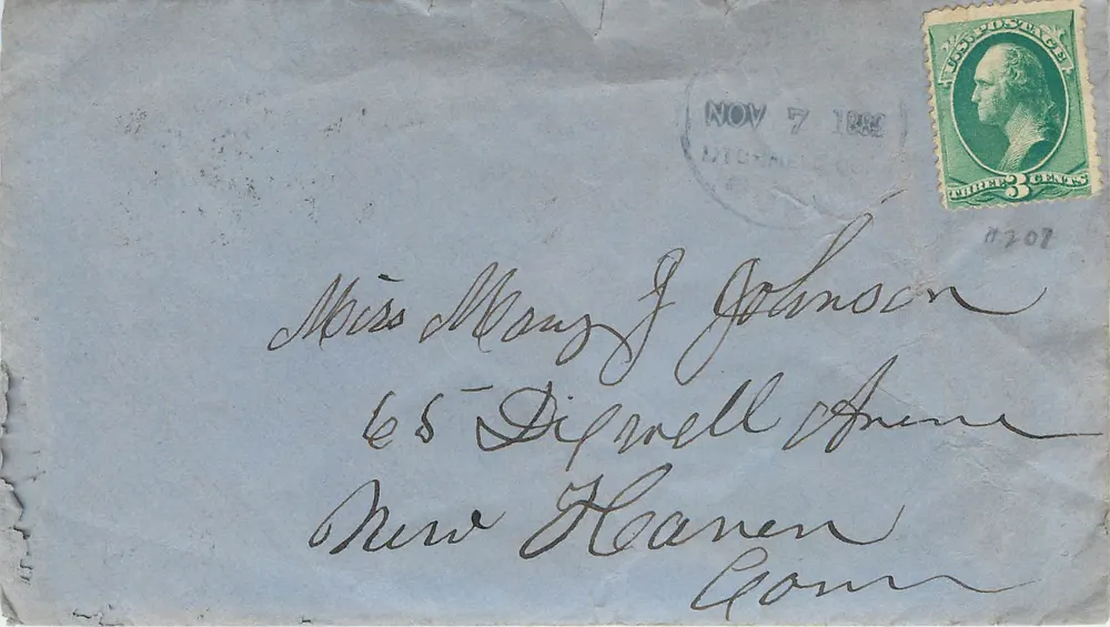 New Haven, Connecticut — Envelope endereçado a Miss Mary J. Johnson — Carimbo de 3 centavos verde - Frente