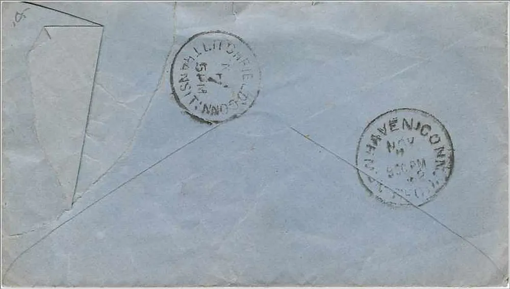 New Haven, Connecticut — Envelope endereçado a Miss Mary J. Johnson — Carimbo de 3 centavos verde - Verso