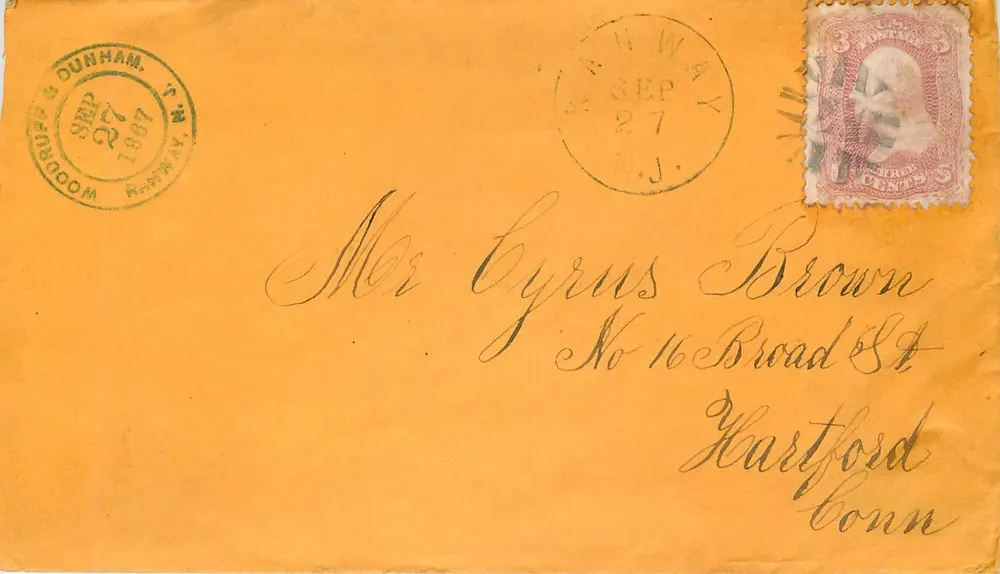 Dunham, New Jersey — Brief an Hartford, Connecticut — Woodruff & Dunham, nicht lesbare Seriennummer - Vorderseite
