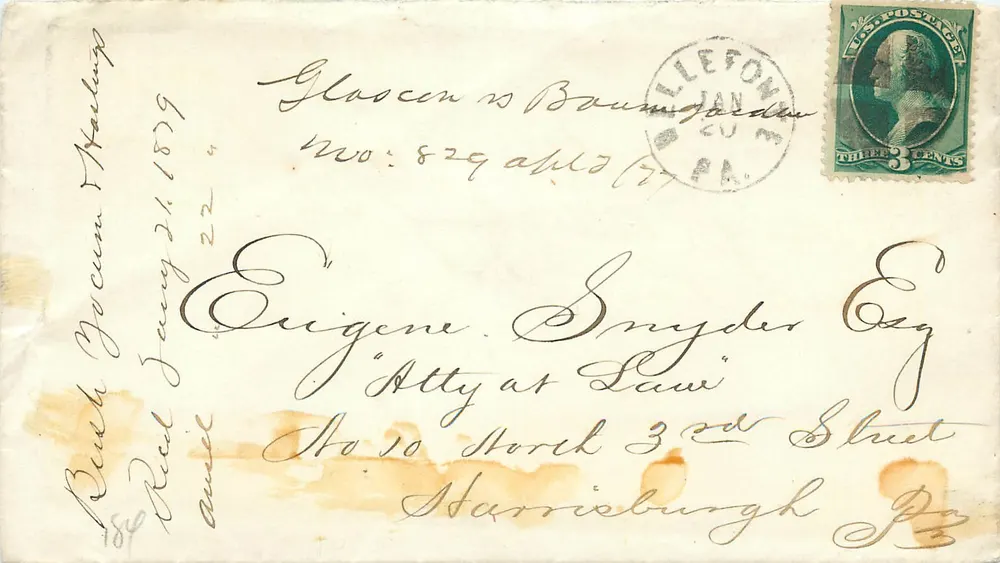 Bellefonte, Pensilvânia — carta datada de 21 de janeiro de 1879 — selo de 3 centavos verde - Frente
