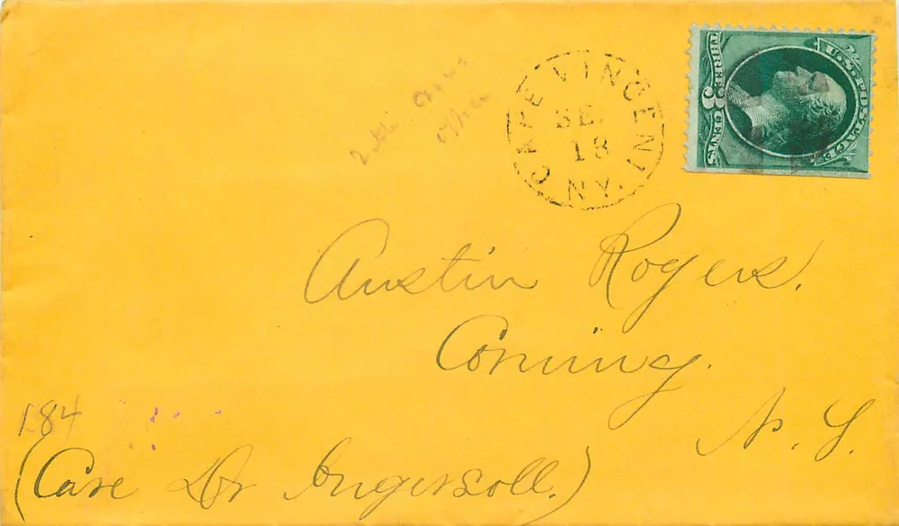 Envelope amarelo — carta para Austin Rogue, Onning, N.Y. — selo de 4 centavos George Washington — carimbo de Revington, N.Y., 18 SE 18 - Frente