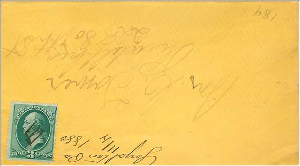 Carta postal amarela — selo de 3 centavos George Washington — datada 1881 — recebimento em Filadélfia - Frente