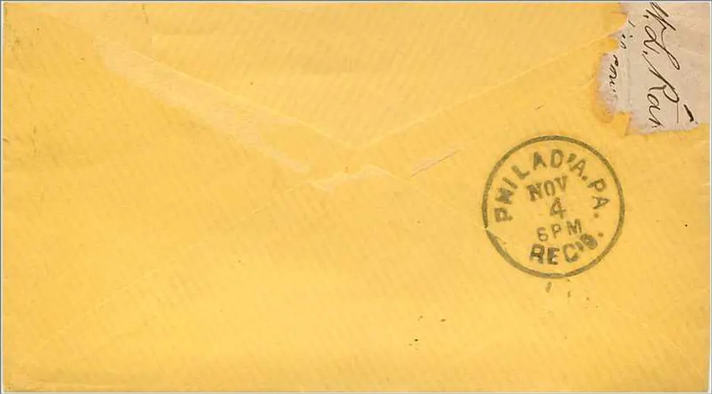 Carta postal amarela — selo de 3 centavos George Washington — datada 1881 — recebimento em Filadélfia - Verso