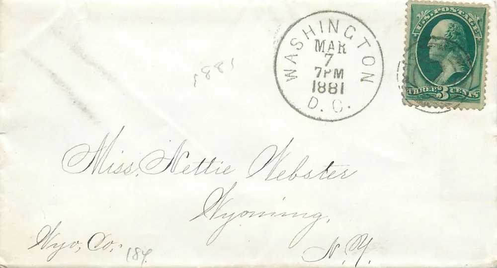Washington D.C. — Envelope datado 7 de março de 1881 — selo de 3 centavos George Washington — destinado a Miss Nettie Webster em Wyoming, N.Y. - Frente