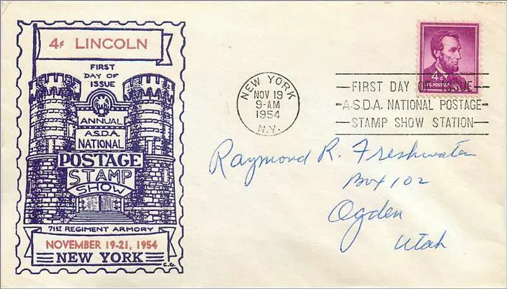 Lincoln 4¢ — Erster Tag der Ausgabe — ASDA National Stamp Show, New York — 1954 - Vorderseite