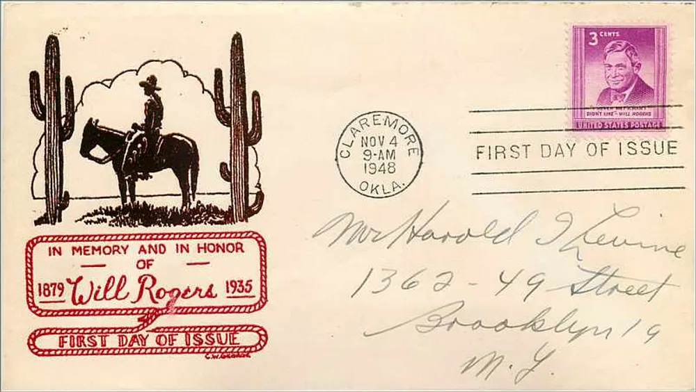 Will Rogers — 1879-1935 — Ersttag der Ausgabe — Claremore, Oklahoma - Vorderseite