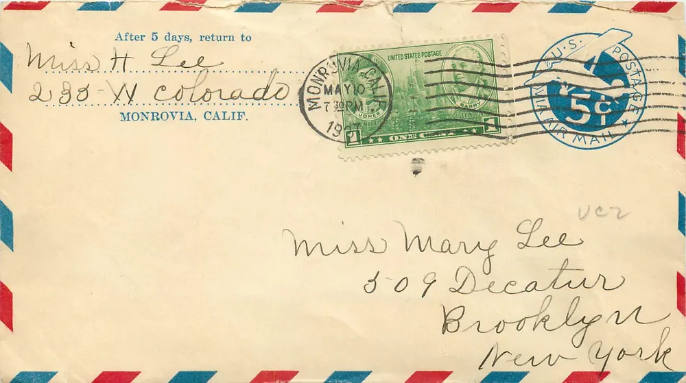 Luftpostbrief — Monrovia, Kalifornien — US-Postwertzeichen - Vorderseite