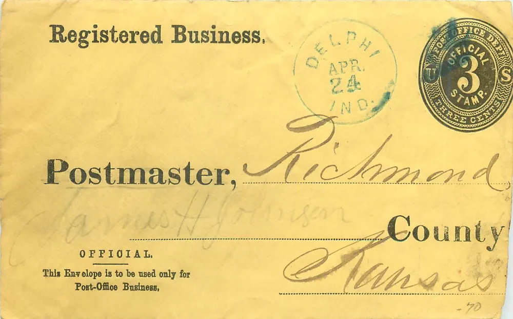 Offizielle registrierte Geschäftsbriefumschlag — Delphi, Indiana — 24. April 1904 - Vorderseite