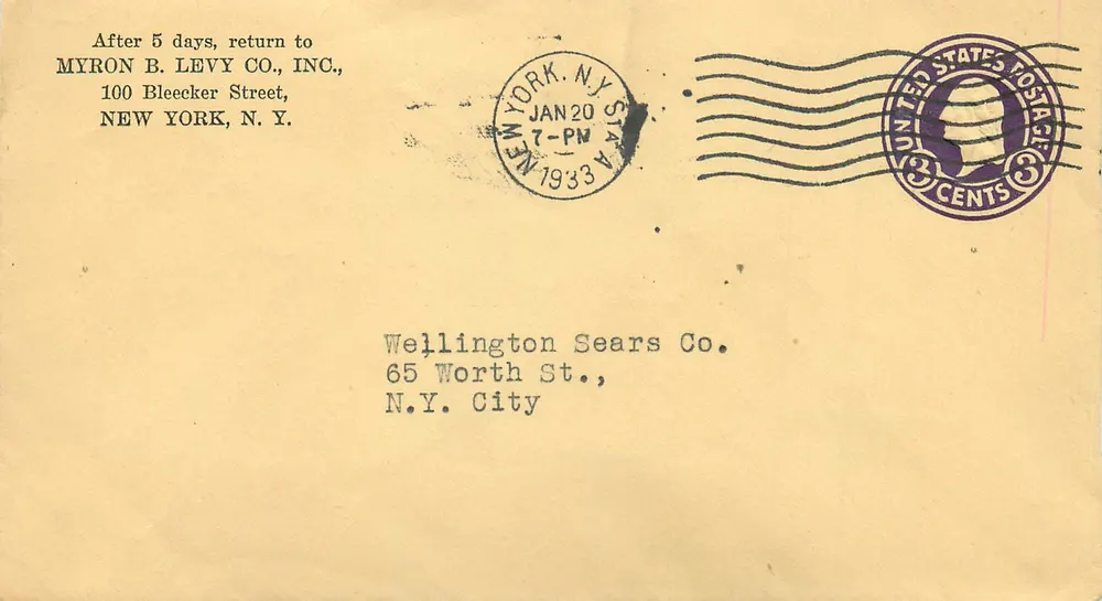Geschäftliche Briefmarke — Myron B. Levy Co. an Wellington Sears Co. — New York, NY — 20. Januar 1933 - Vorderseite