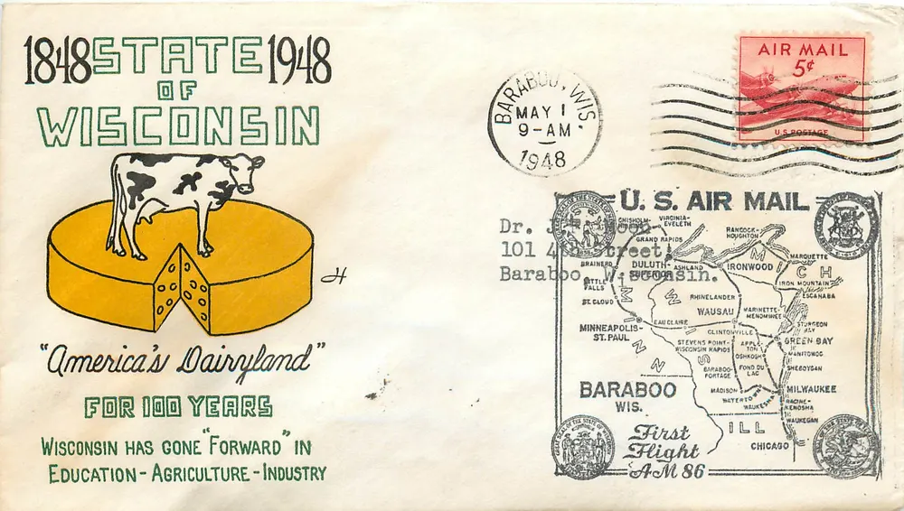 Wisconsin — 1848-1948 Centennial — 'America's Dairyland' — U.S. Air Mail - Vorderseite