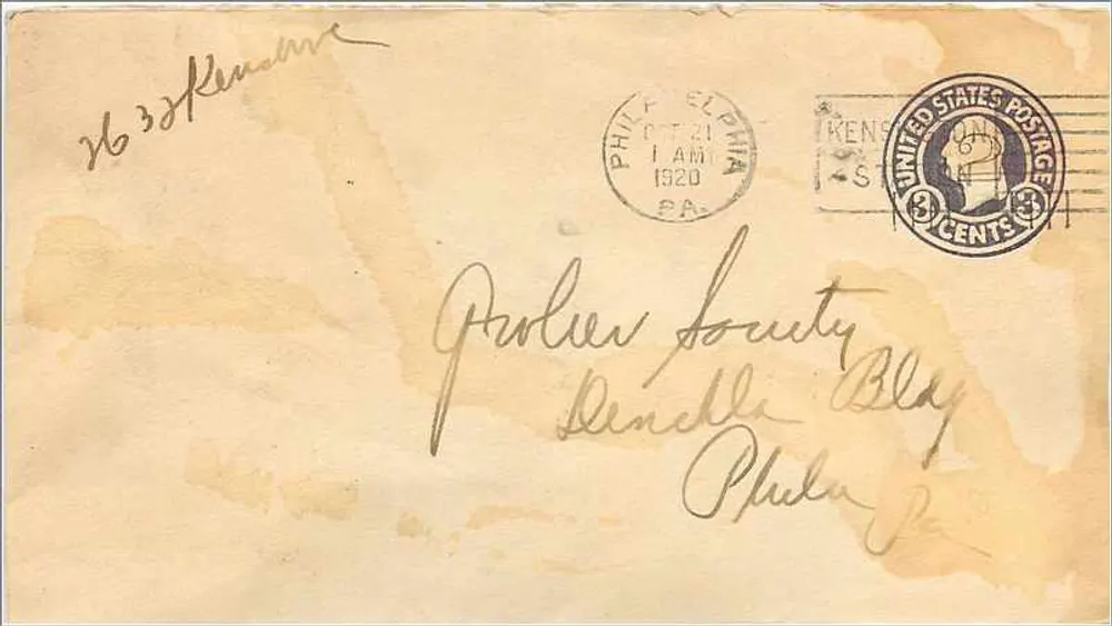 Ansichtskarte aus Philadelphia — 3 Cent, datiert Oktober 1920 — an Proler County, Pendlebury, Phila. Pa. - Vorderseite