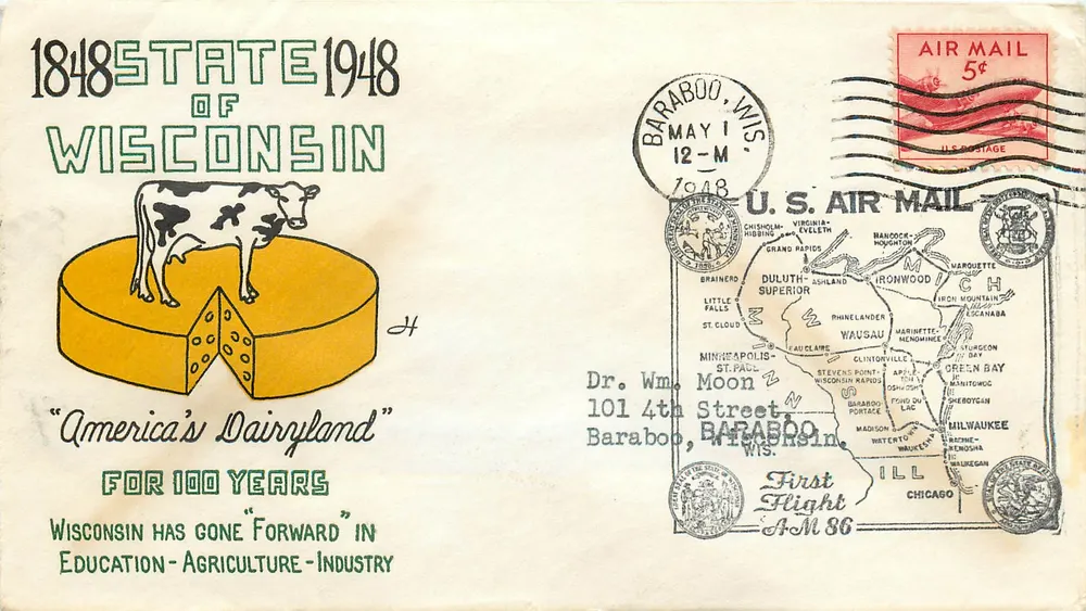 Wisconsin — 1848-1948 Centennial — 'America's Dairyland' — U.S. Air Mail - Vorderseite