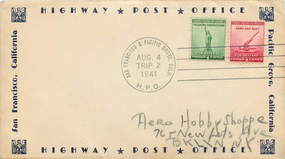 San Francisco & Pacific Grove, Kalifornien — Briefumschlag der Highway Post Office von 1941 — H.P.O. (Highway Post Office) - Vorderseite