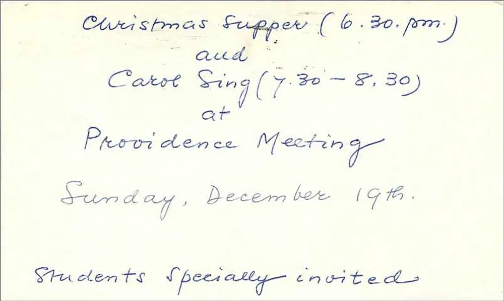 Christmas Event Invitation — Providence Meeting — Media, PA — 1971 - Verso