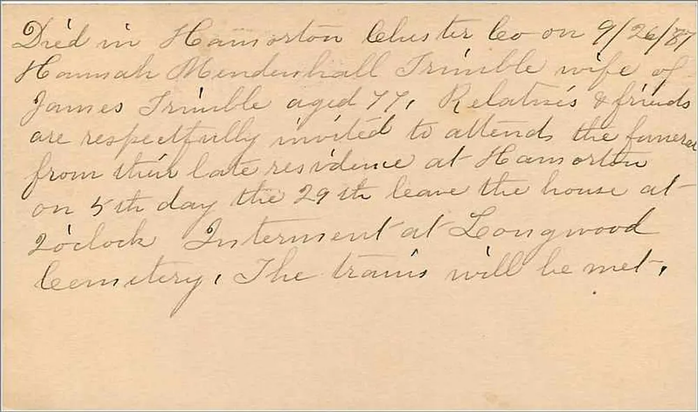 Décès de Hannah Winderhall Trumble — Chester, Pennsylvanie — United States Postal Card - Verso
