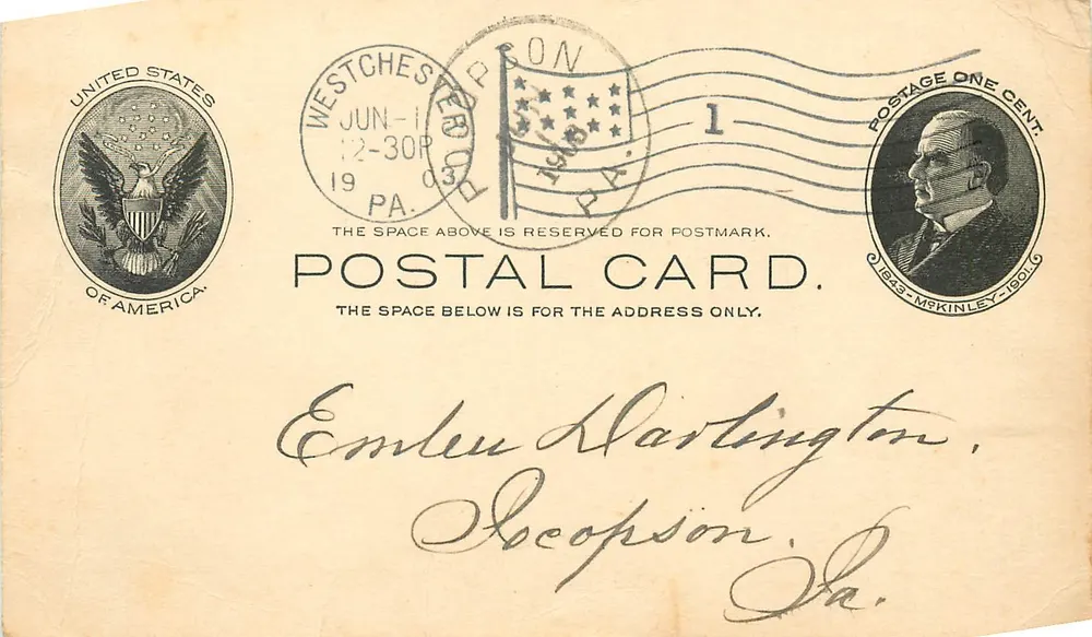 West Chester, Pennsylvania — carte postale américaine datée de juin 1903 — éditeur U.S. Postal Card - Recto