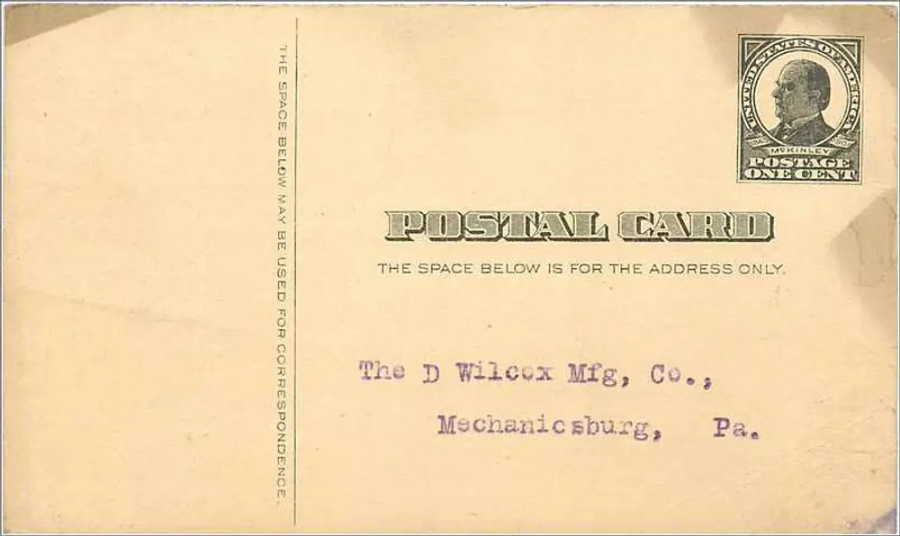 Werbekarte — Geschäftsbrief — The D. Wilcox Mfg. Co., Mechanicsburg, Pa. - Vorderseite